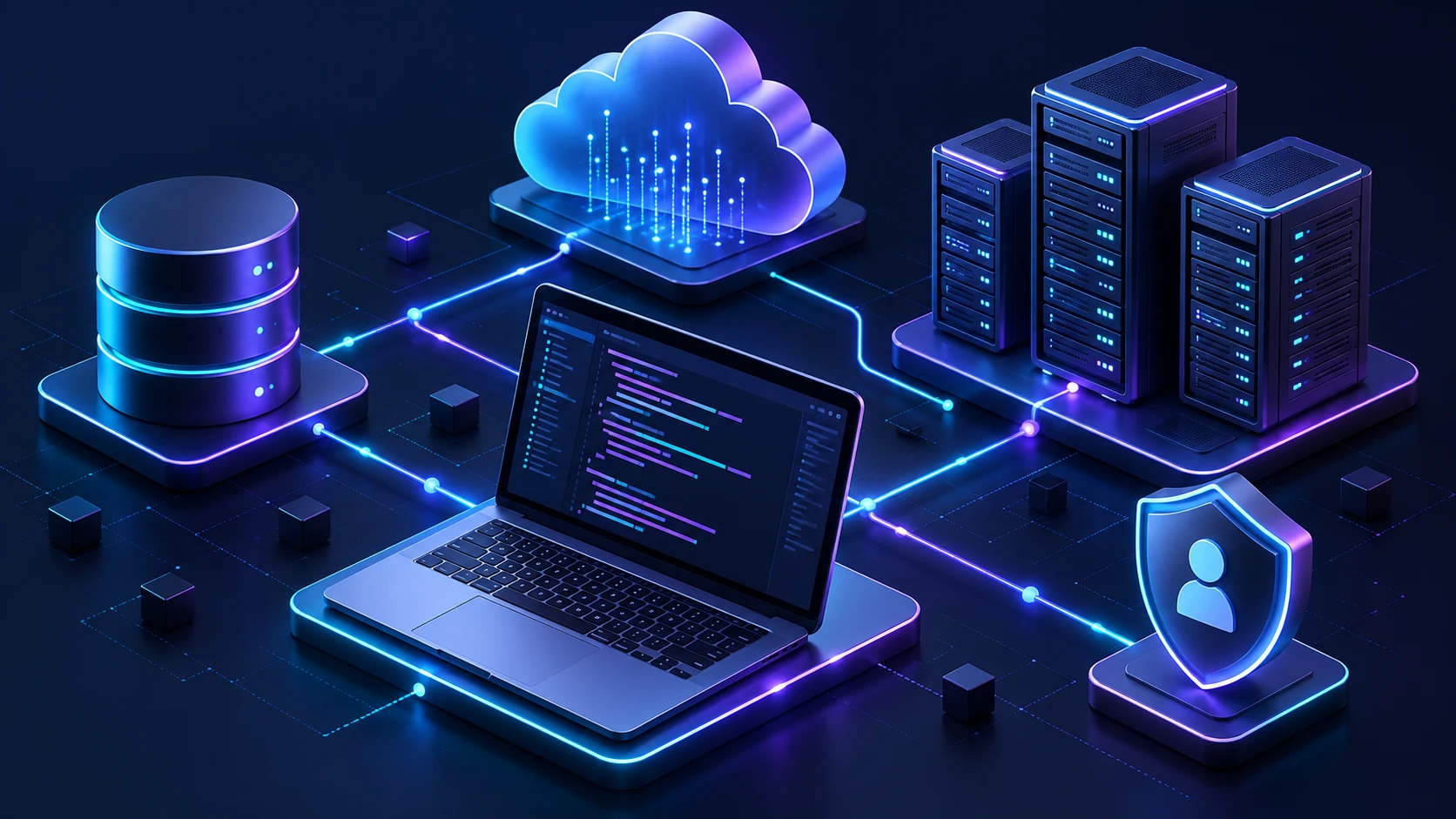 Isometric 3D laptop connected to database, cloud servers and an identity shield