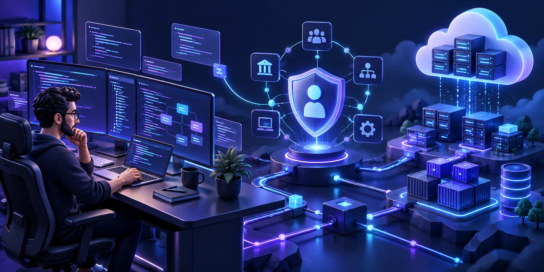 3D illustration of a software engineer’s workstation, identity security connections and cloud infrastructure